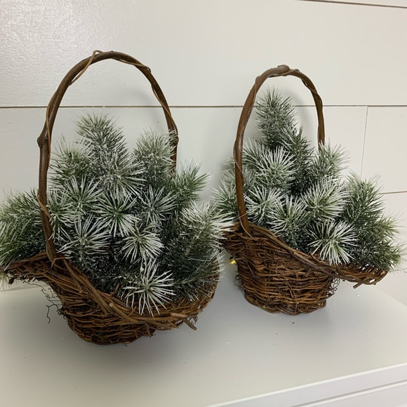 Vintage Other - 2 Woven Baskets w Flocked Greenery Christmas Decor